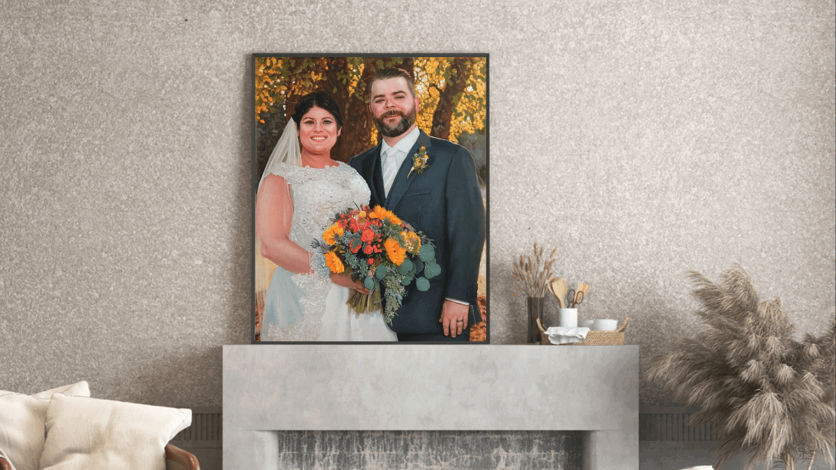 A beautiful interior wall decorated with one of PortraitFlip's customer's wedding portrait of a bride and a groom.