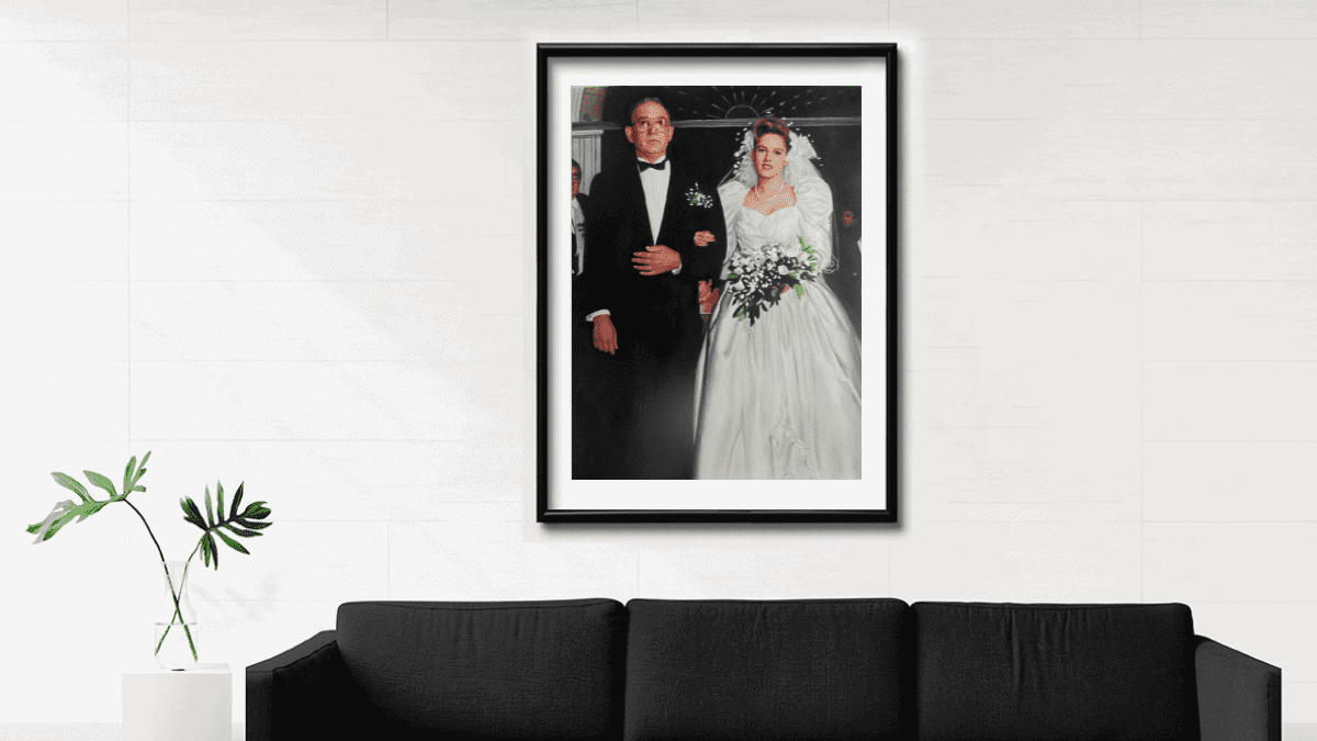 A beautiful interior wall decorated with one of PortraitFlip's customer's wedding portrait of a bride and her father walking down the aisle.
