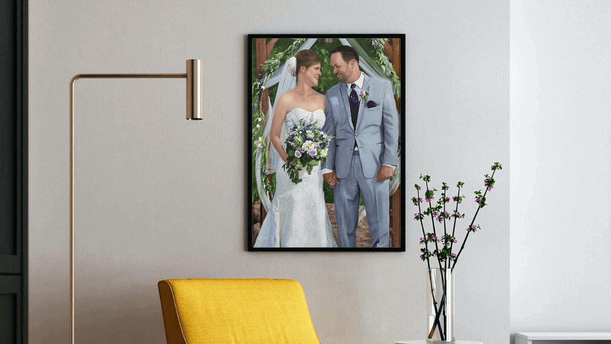 A beautiful interior wall decorated with one of PortraitFlip's customer's wedding portrait of a bride and a groom standing at the alter.