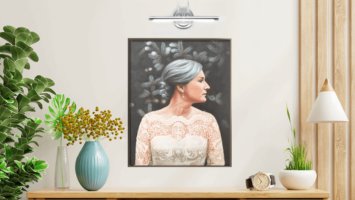 A beautiful interior wall decorated with one of PortraitFlip's customer's closeup wedding portrait of the bride in a a beautiful lace wedding gown. 