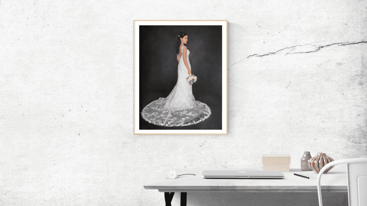 A beautiful interior wall decorated with one of PortraitFlip's customer's wedding portrait of the bride in a beautiful wedding gown with intricate lace tail.