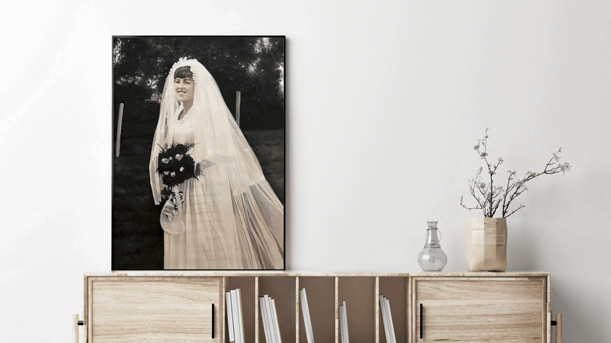 A beautiful interior wall decorated with one of PortraitFlip's customer's wedding portrait of a bride.