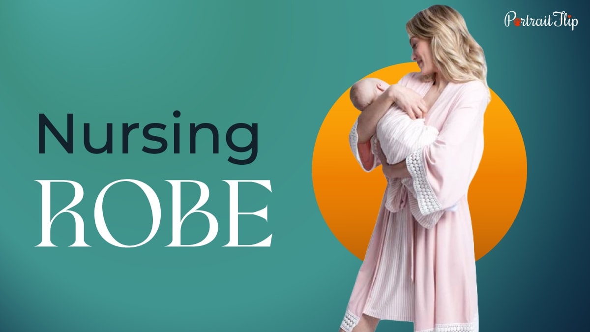 A new mom in nursing robe holds a baby and breastfeeds him. 