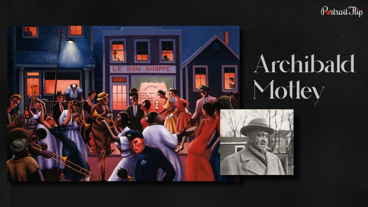 a painting called "Street Scene, Chicago 1936" by one of the famous black artists, Archibald Motley. 