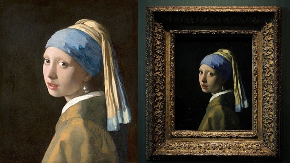 Girl with a pearl earring, a painting of a mysterious girl wearing yellow dress, blue and yellow head scarf, Peral earing and an intense gaze filled with familiarity.  