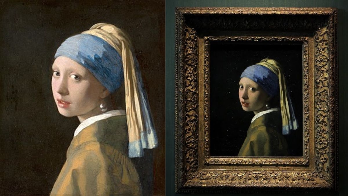 Girl with a pearl earring, a painting of a mysterious girl wearing yellow dress, blue and yellow head scarf, Peral earing and an intense gaze filled with familiarity.