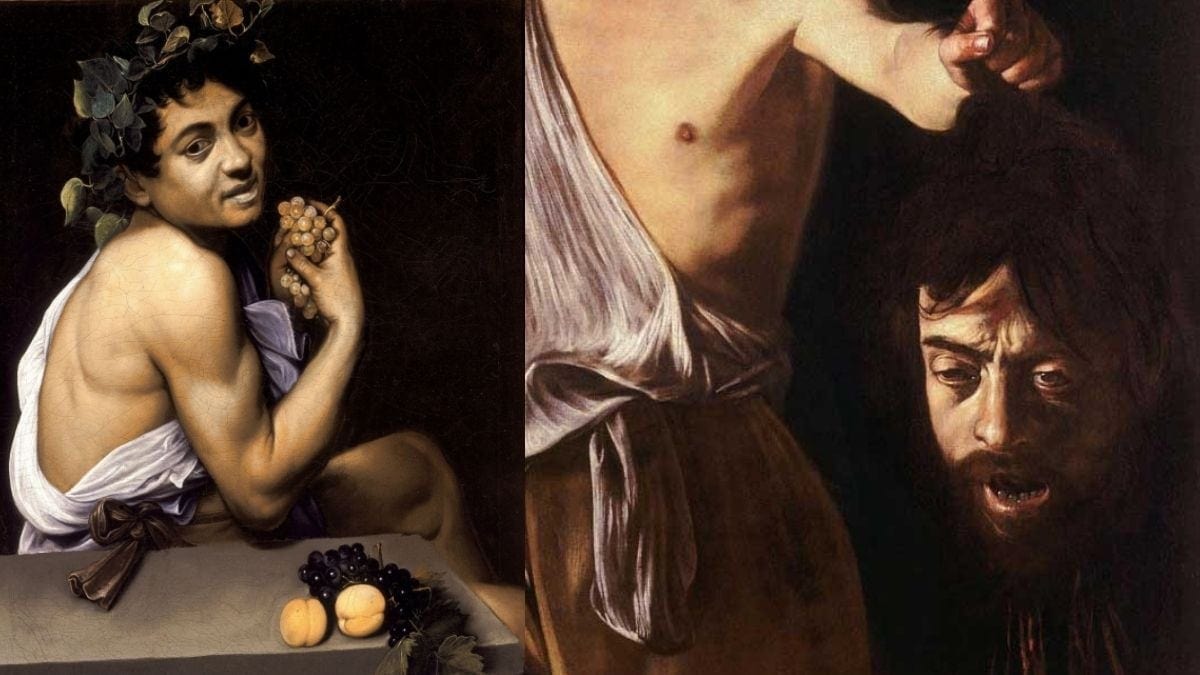 Two of Caravaggio most controversial self-portraits.
Young Sick Bacchus (1593) and David With The Head Of Goliath (1610).