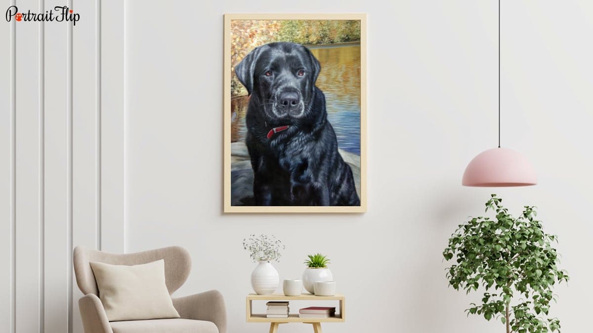 A painting of black dog made by the portraitflip's artists is hung in the living room decor