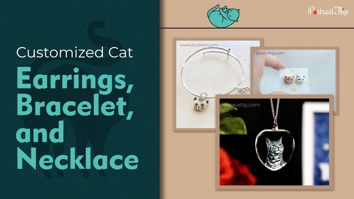 cat earrings, bracelet and necklace for personalized gift for cat lovers. 