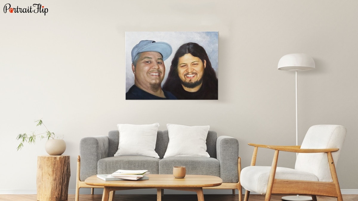 A handmade oil painting of two brothers is hanging above the sofa. 