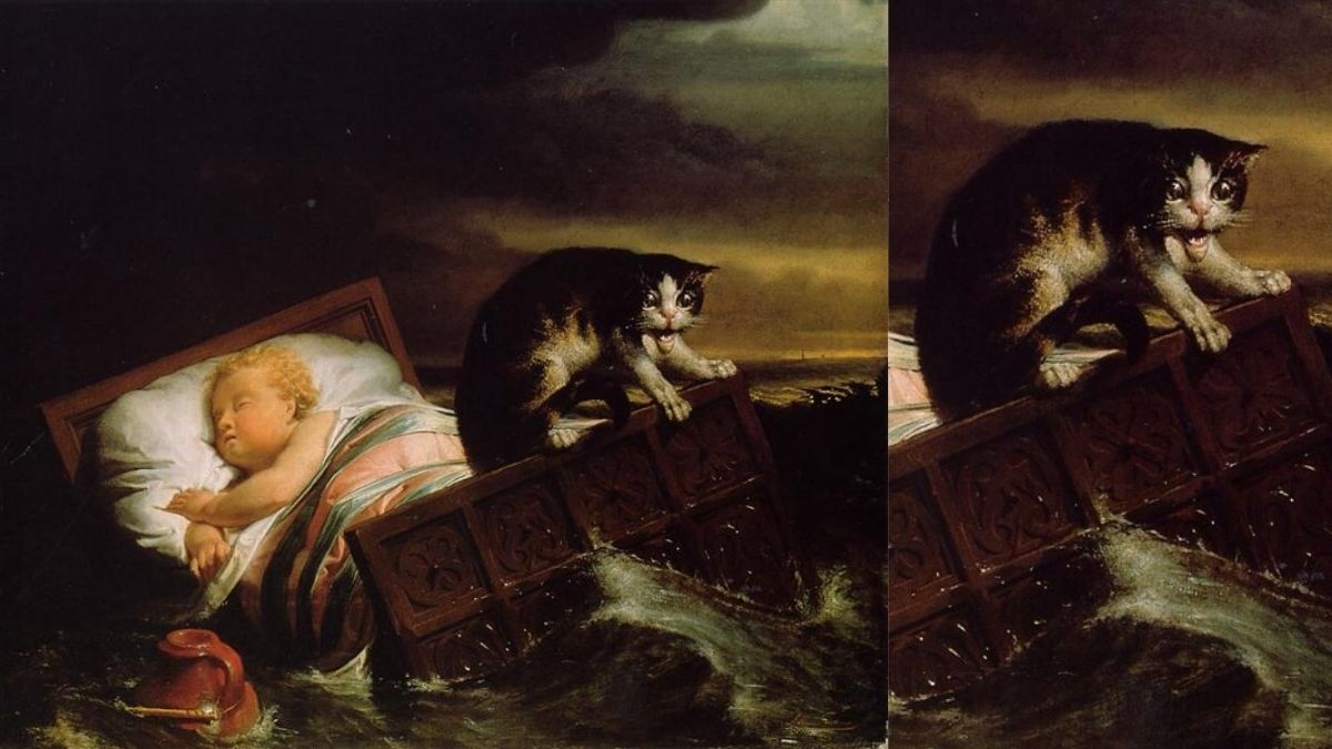 A painting by Lawrence Alma-Tadema of a cat rocking a baby's crib to keep is afloat in the middle of the sea. 