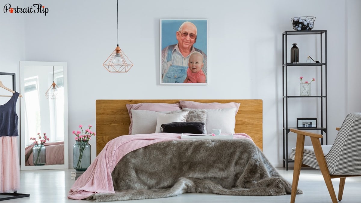 A compilation portrait of grandpa and grandchild painted by portraitflip is hanging on the wall above the bed. 