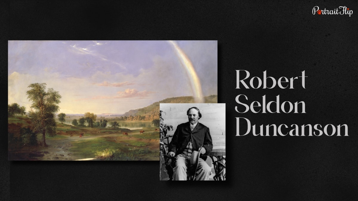 a landscape painting called "Landscape with Rainbow" made by one of the famous black artists, Robert Seldon Duncanson. 