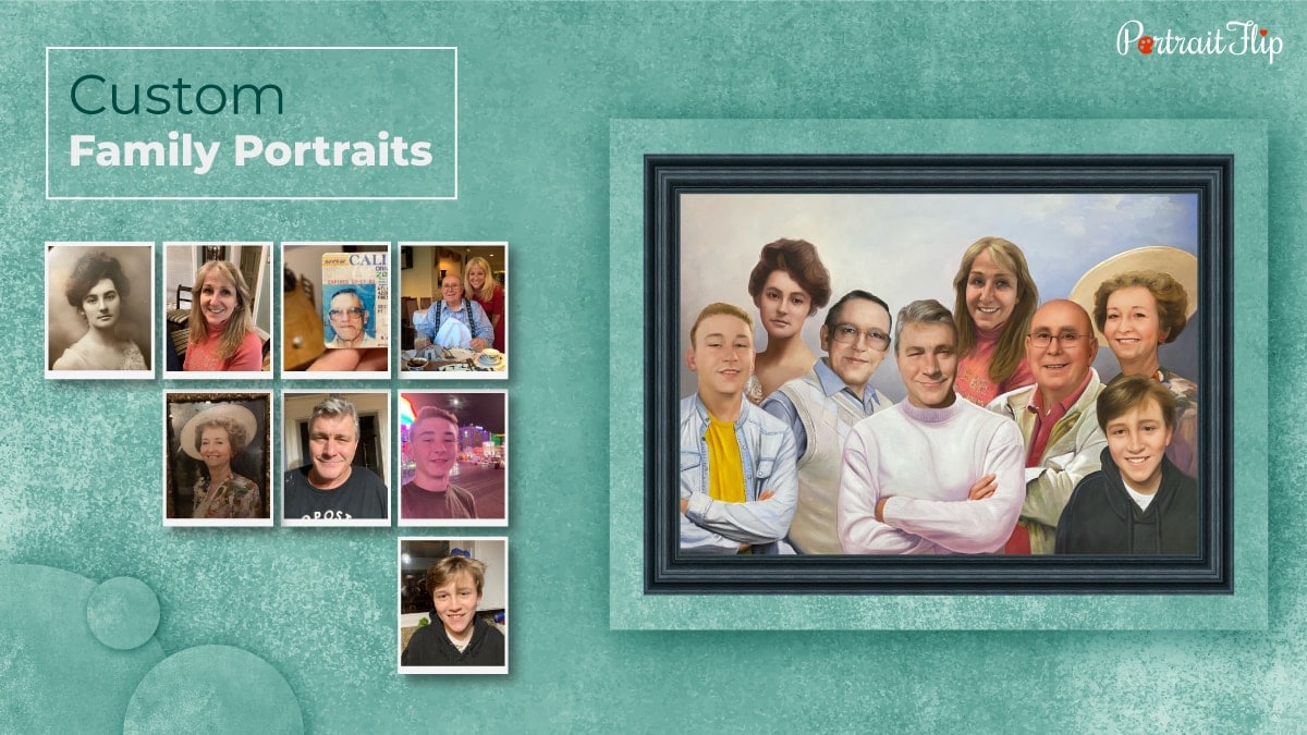 Many photographs of family members are complied to create an awesome family painting by the artist of PortraitFlip