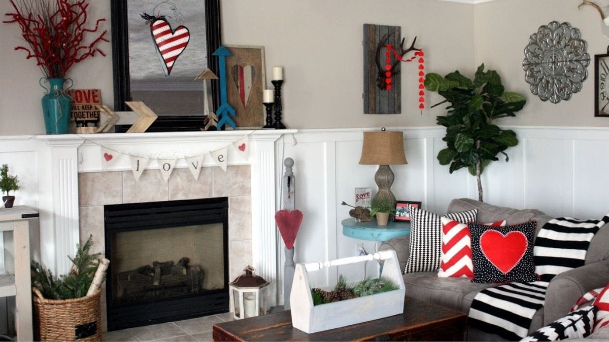 A living room decorated in the theme of farmhouse for valentine's day.