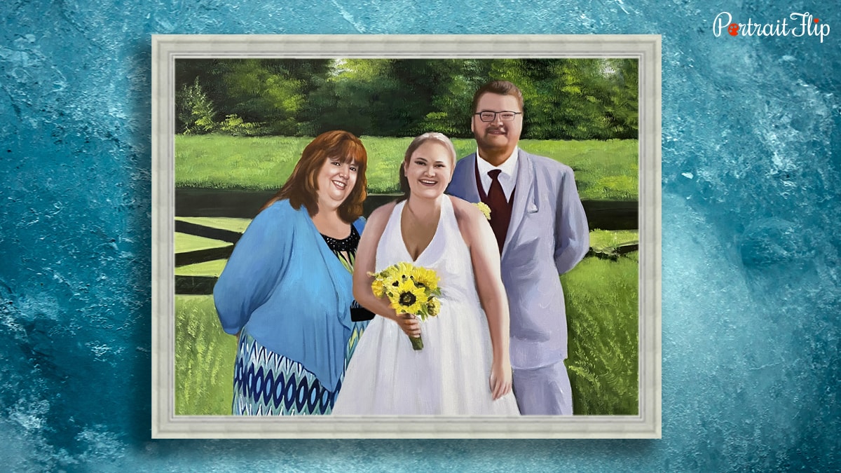A photo of the bride and groom painted with her deceased mother by PortraitFlip.