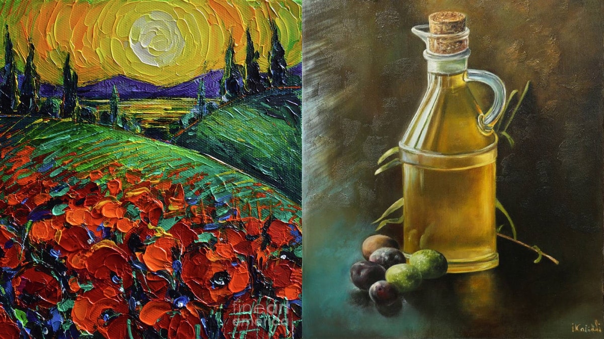 On left is a beautiful acrylic painting called poppyscape sunset painted by Mona Edulesco. On the right is a oil painting made by isidorkaisidi