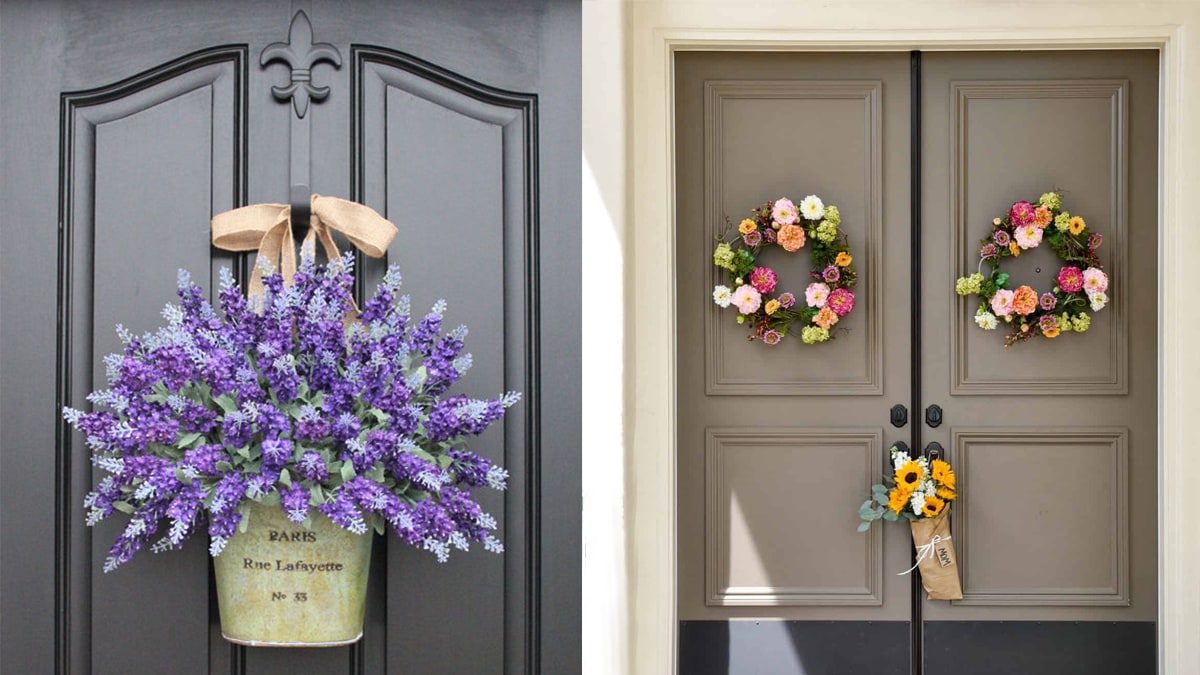 Front doors are decorated by hanging bouquets and wreaths for 14th February.