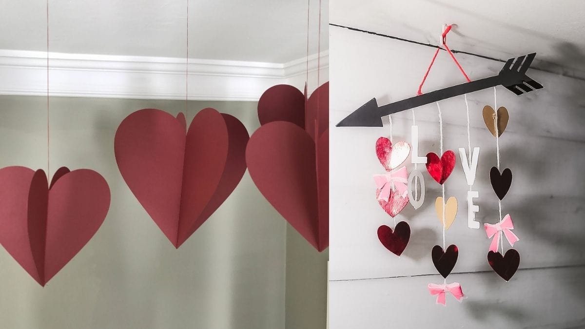 On the left: big 3D paper hearts hanging from the ceiling. On the right: valentine's day decor hanging on the wall from ceiling.