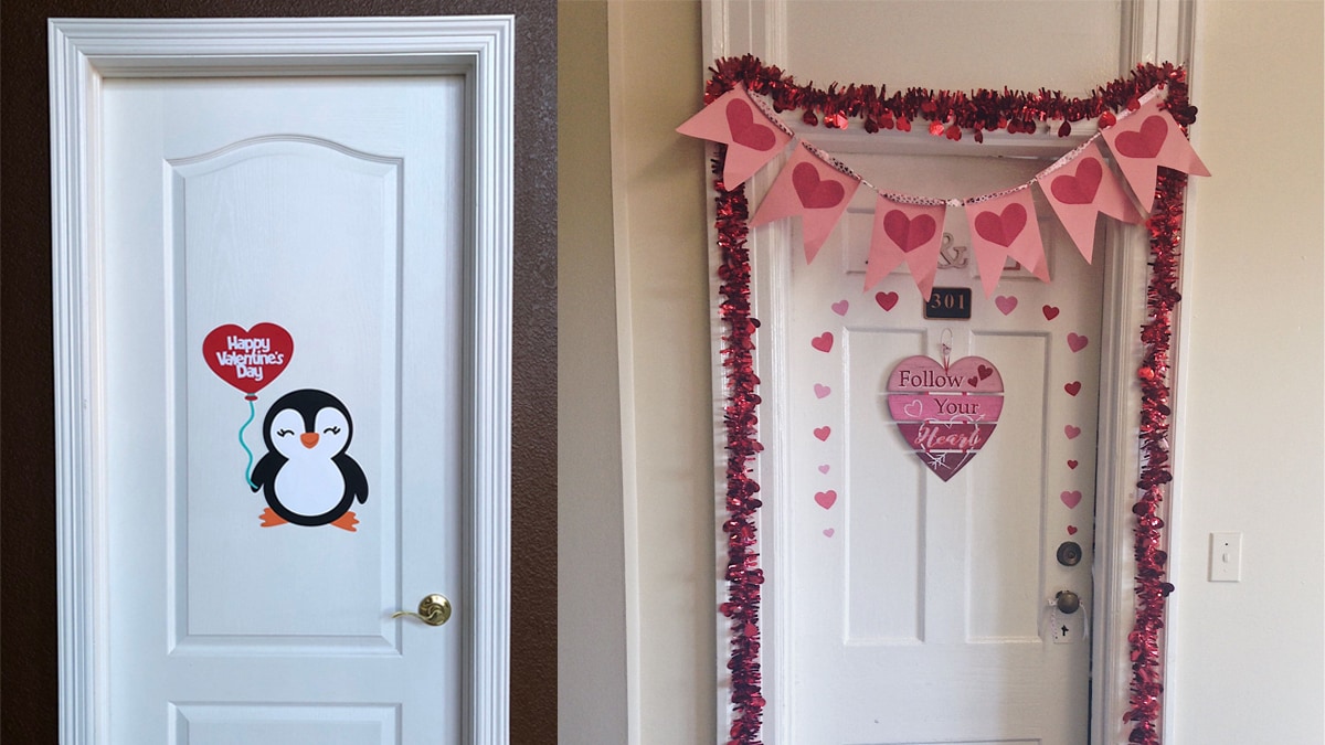 Doors are decorated with Valentine's day home decor