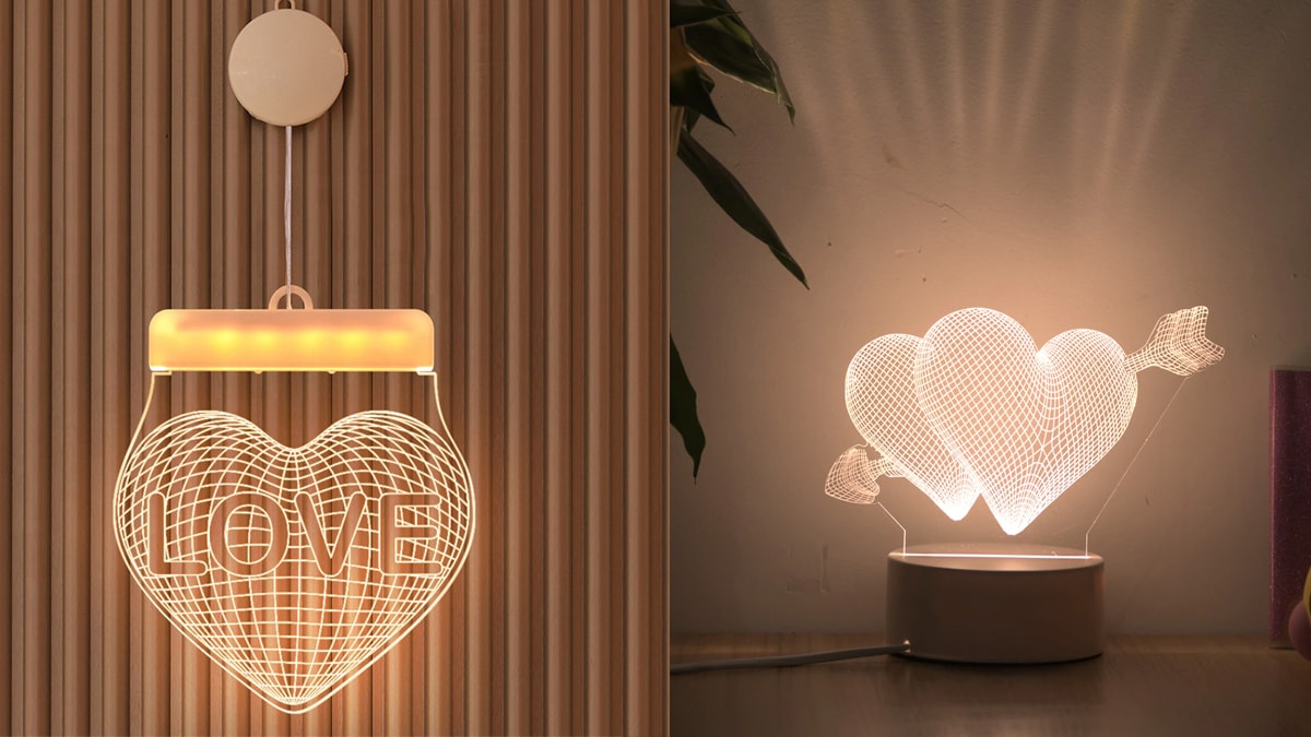 On the left: a heart shaped string lamp is on the wall. On the right: heart shaped string lamp is lit on table.