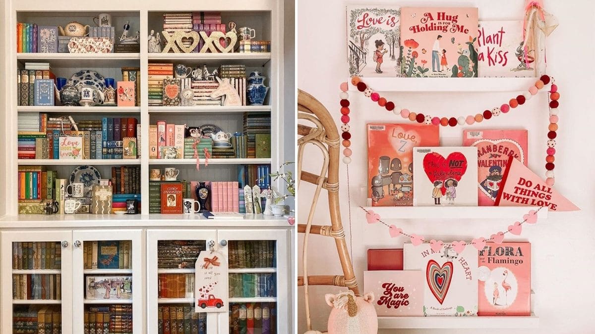 2 Book shelves are decorated with valentine's day decor to make them stand out. 