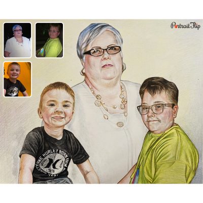 kids with grandmother colored pencil drawing