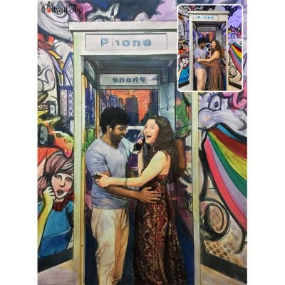 couple on telephone booth watercolor portrait