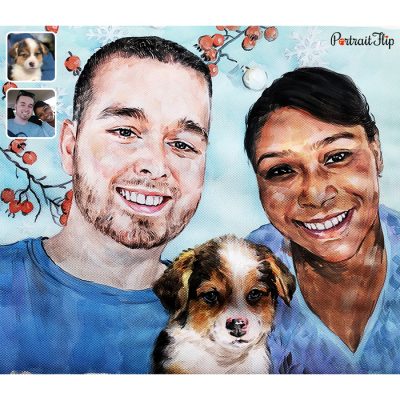couple and dog watercolor portrait