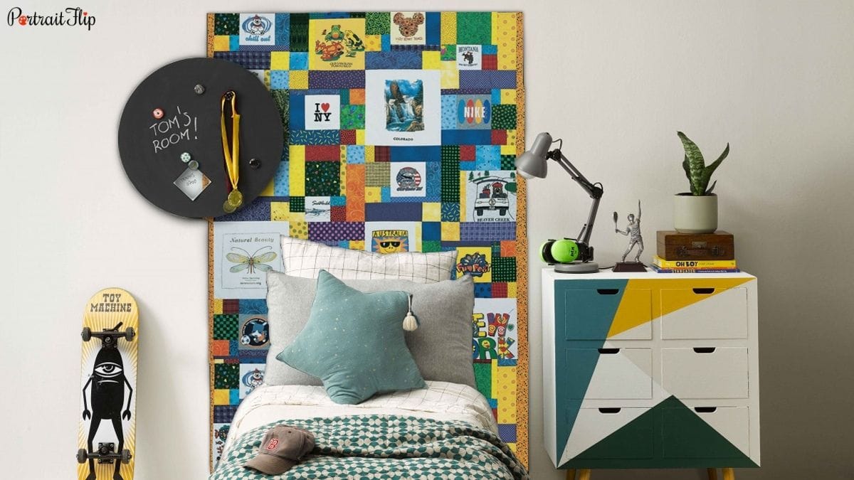 a headboard made with recycled boy's tshirts shown as one of the ideas for bedroom wall decor.