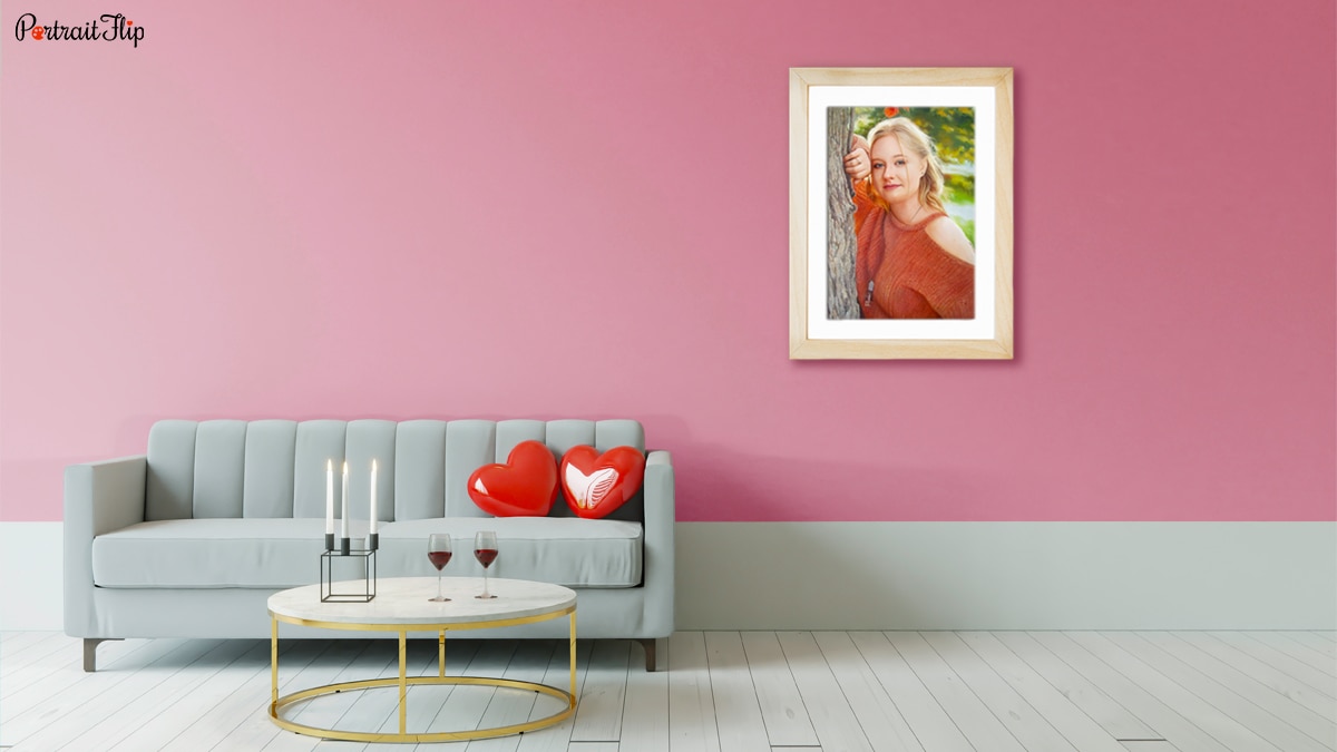 An oil painting of a beautiful woman painted by PortraitFlip's artist is hanged on a wall to complement valentine's day decor. 