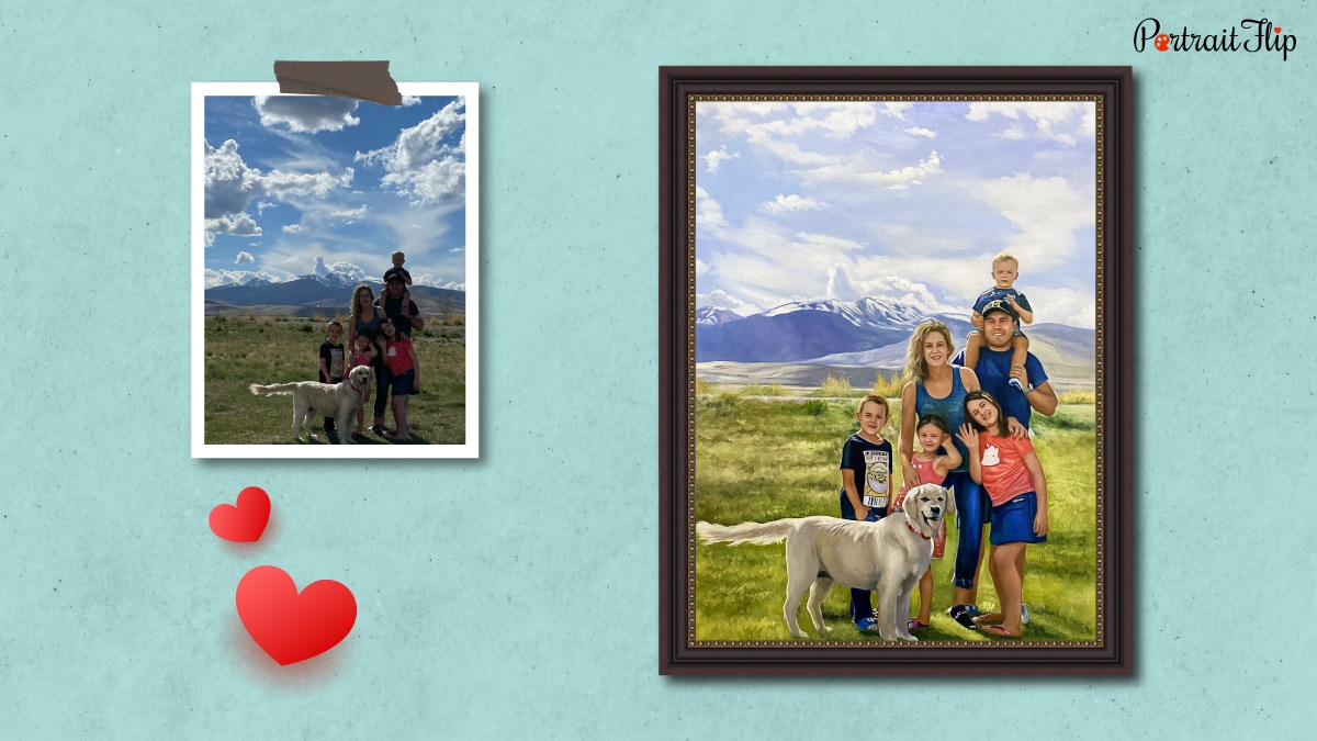 A family photo is converted into a custom handmade painting by PortraitFlip's artists.