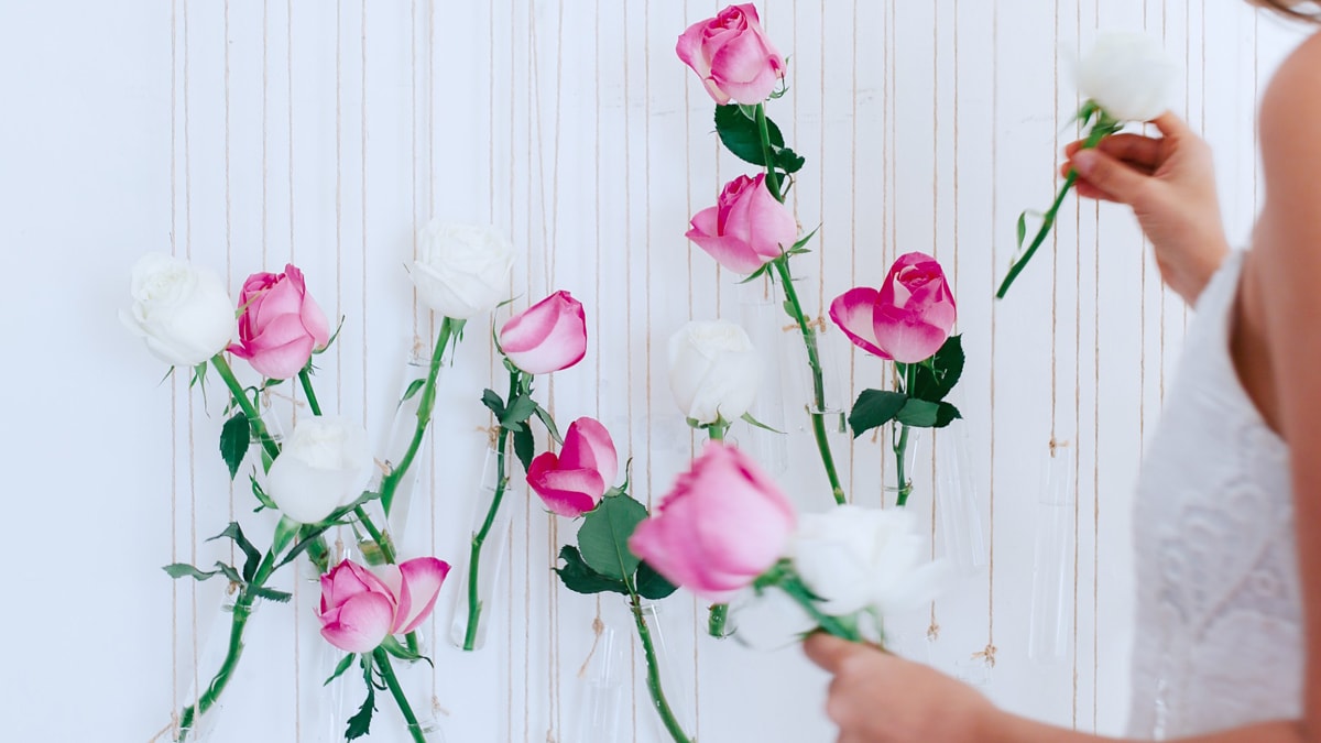 A woman is decorating the blank wall by hanging white, and pink roses. 