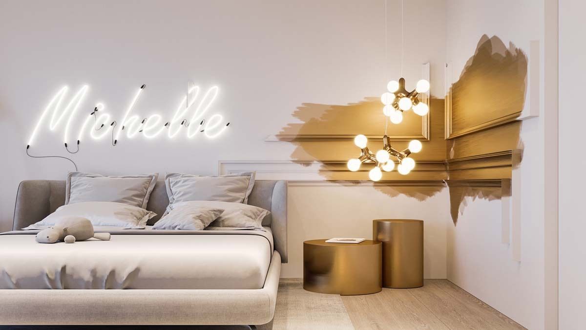 a beautiful bedroom that has a named neon sign and a metallic painted corner.
