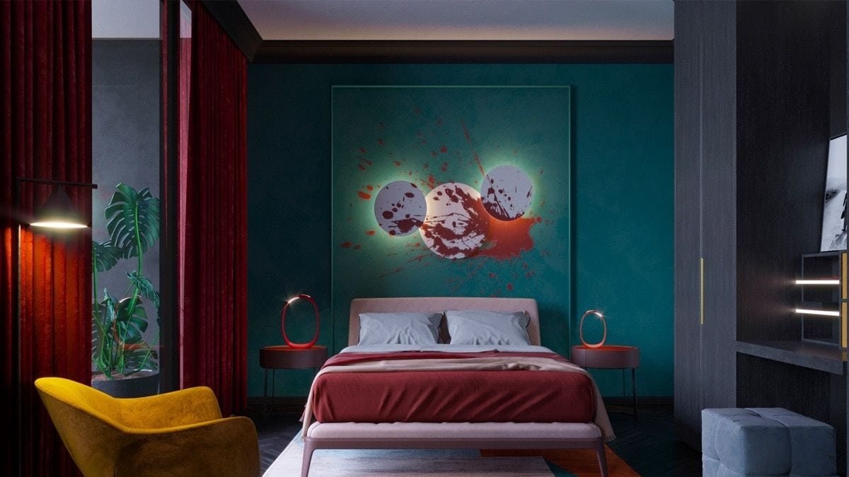 a bedroom wall decorated with with a beautiful backlight that highlights a wall décor.