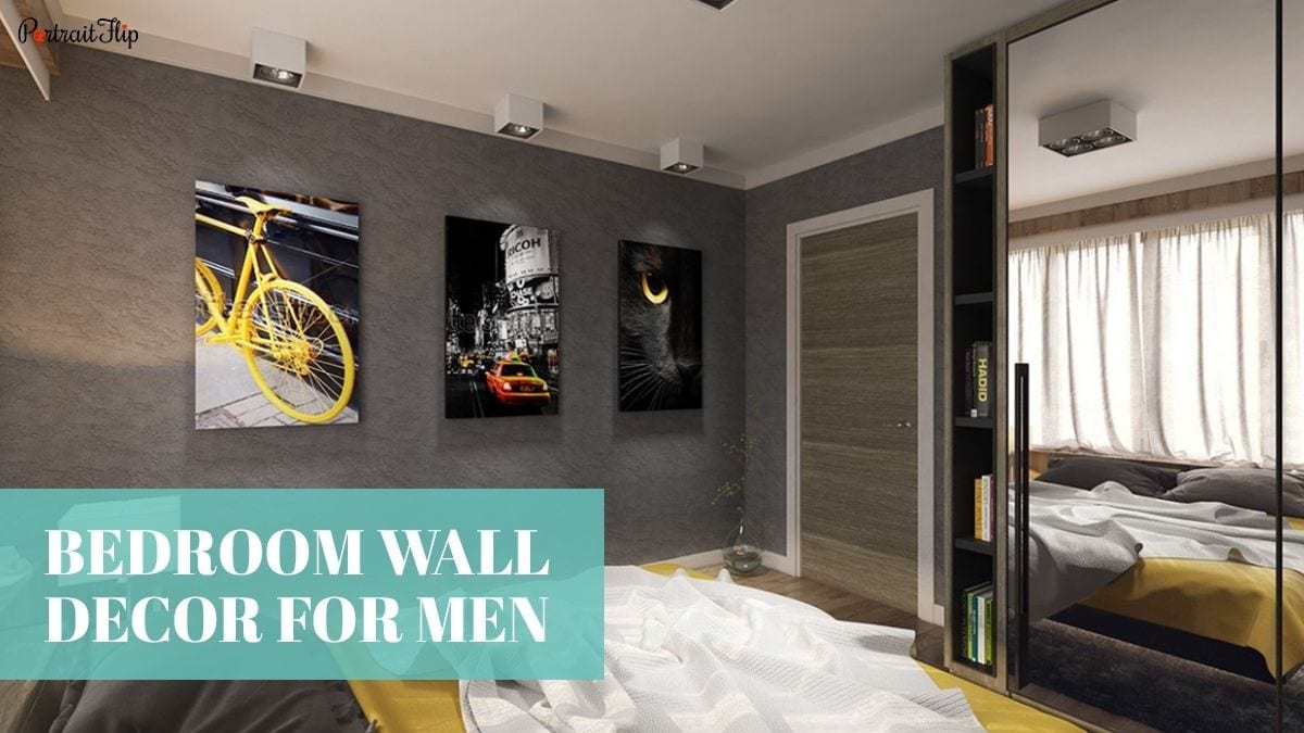 A beautiful bedroom interior that has a multiple posters as wall décor as one of the ideas for bedroom wall décor for men.