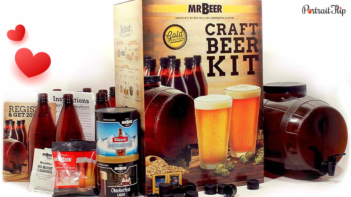 A craft beer kit along with required apparatus. 