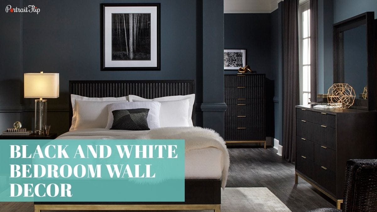 A beautiful black and white bedroom interior that has a black and white frame as a wall décor as one of the ideas for black and white bedroom wall décor.