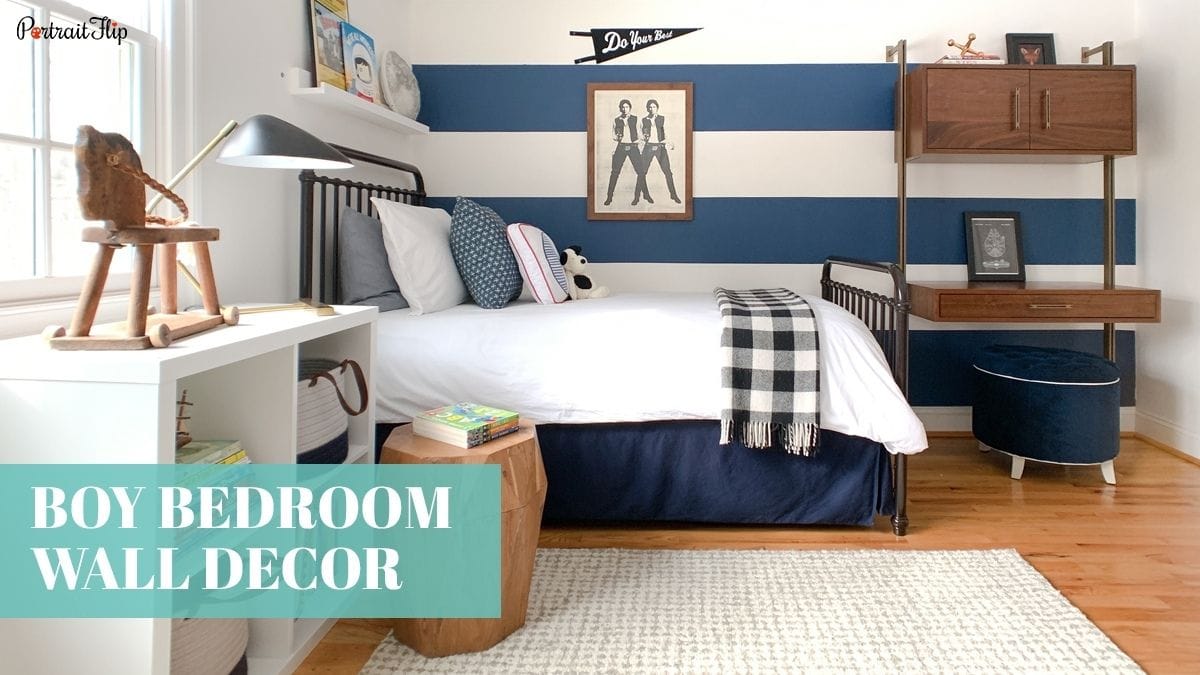A beautiful boy bedroom interior that has 'The Beatles' framed a wall décor as one of the ideas for boy bedroom wall décor.
