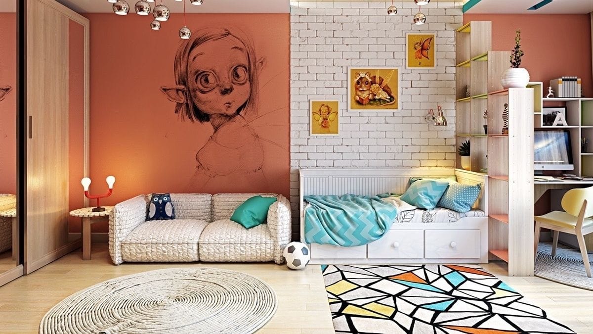 different textured and painted walls shown as a perfect bedroom wall decor idea for a boy's bedroom.