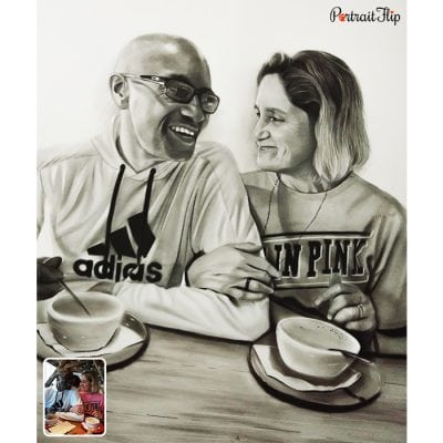 happy couple pencil portrait