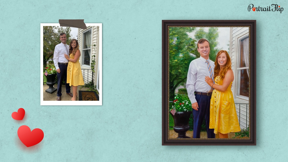 A photo of a couple is turned into a handmade painting by the artists of PortraitFlip