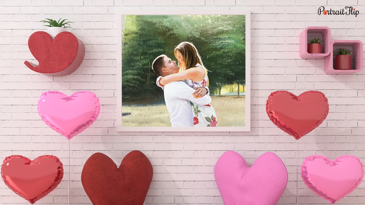 A couple portrait made by PortraitFlip's artist is hanging on wall as an addition to valentine's day decor