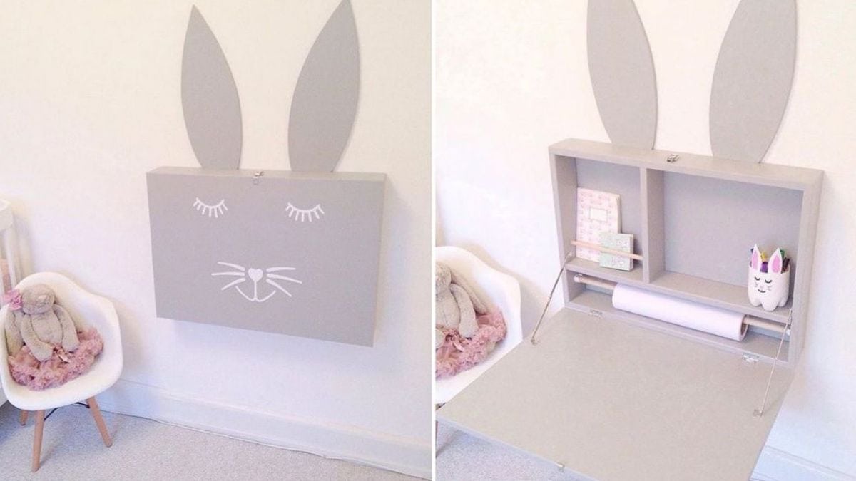 a make shift desk that transforms into a cute bunny wall hanger as a wall decor for girl bedroom idea.