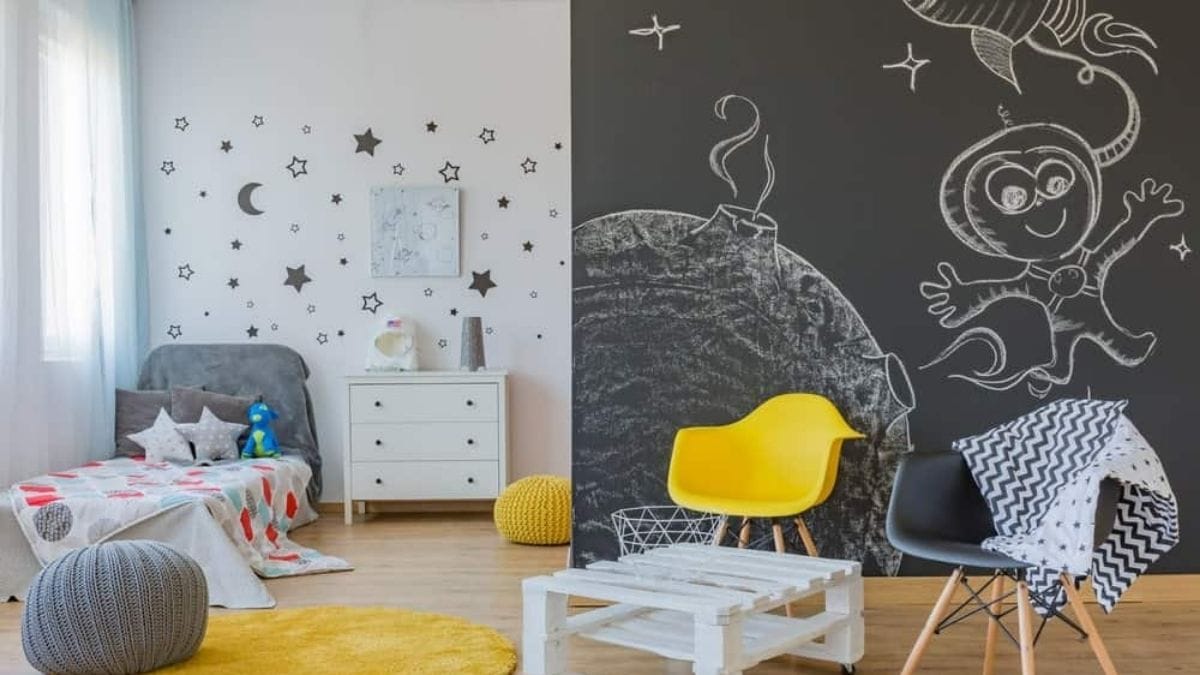 an accent wall transformed as a chalkboard wall shown as a boy bedroom wall decor idea.