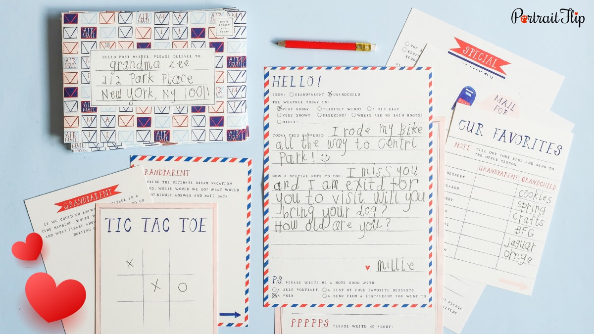 A grandparent pen pal set that has various games like Tik Tac Toe, Our favorites, and other games. 