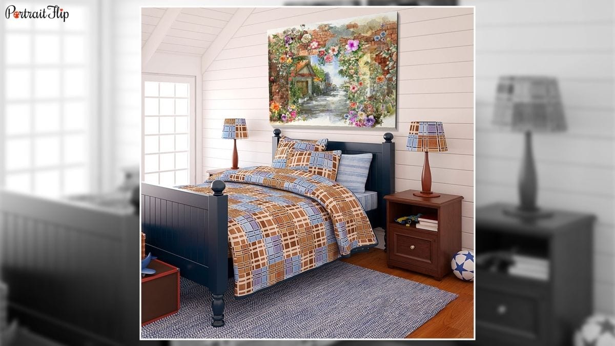 A beautiful bedroom interior that has a huge painting of a vacation place as a wall décor as one of the ideas for bedroom wall décor.