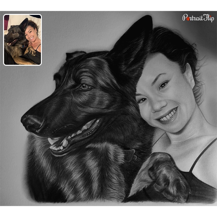 woman with her dog pencil sketch