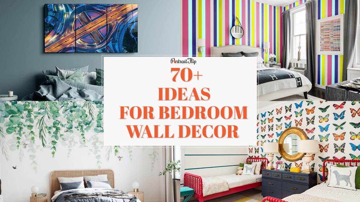 various ideas of beautiful bedroom wall shown as options with the text saying 70+ ideas for bedroom wall décor