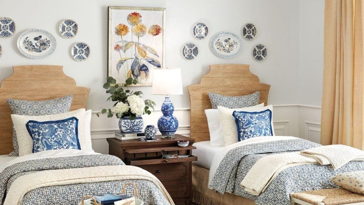 A bedroom wall that has beautiful china hung on it as one of the ideas for bedroom wall décor.